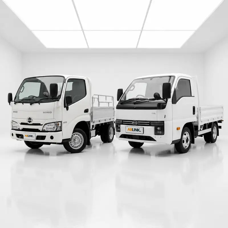 Electric vs diesel lorry Singapore: Hino Dutro diesel 10ft lorry and BYD T35 electric truck with ABLINK plates