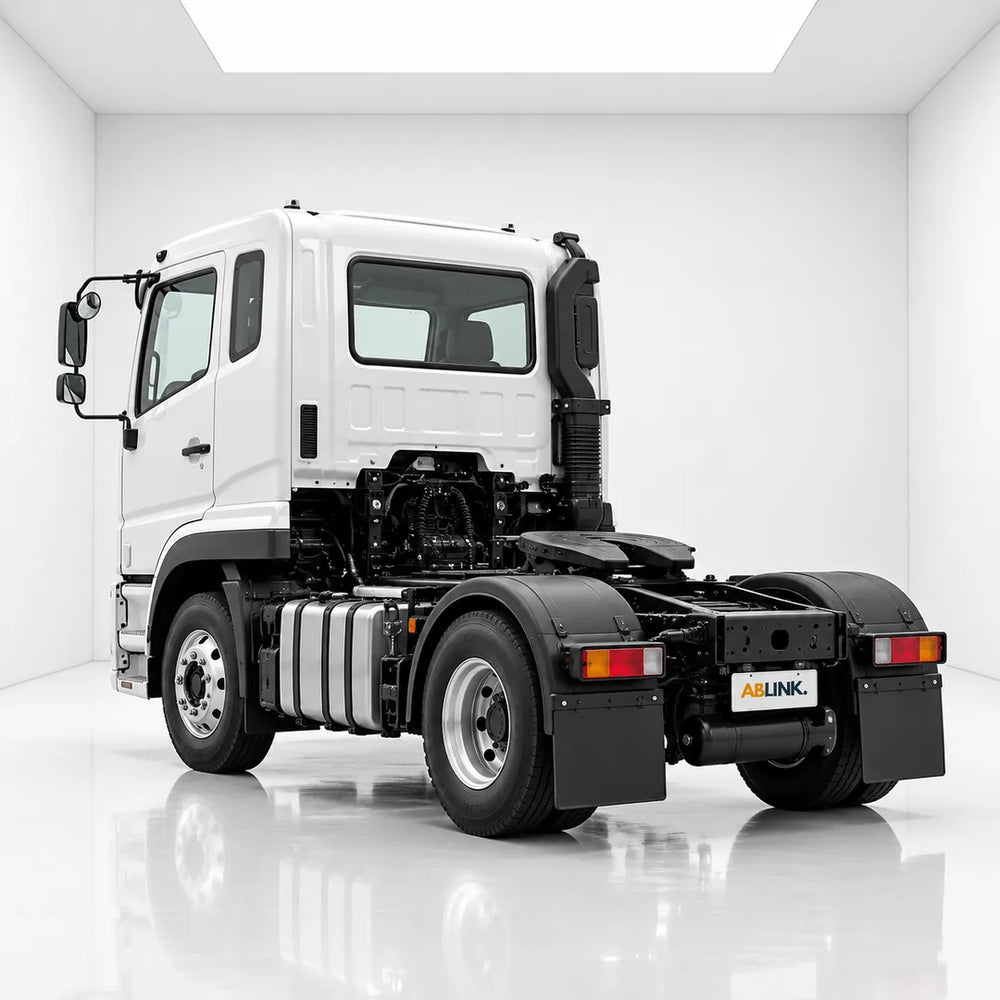 Container haulage business Singapore: Mitsubishi FP70 prime mover, rear view showing the fifth-wheel coupling