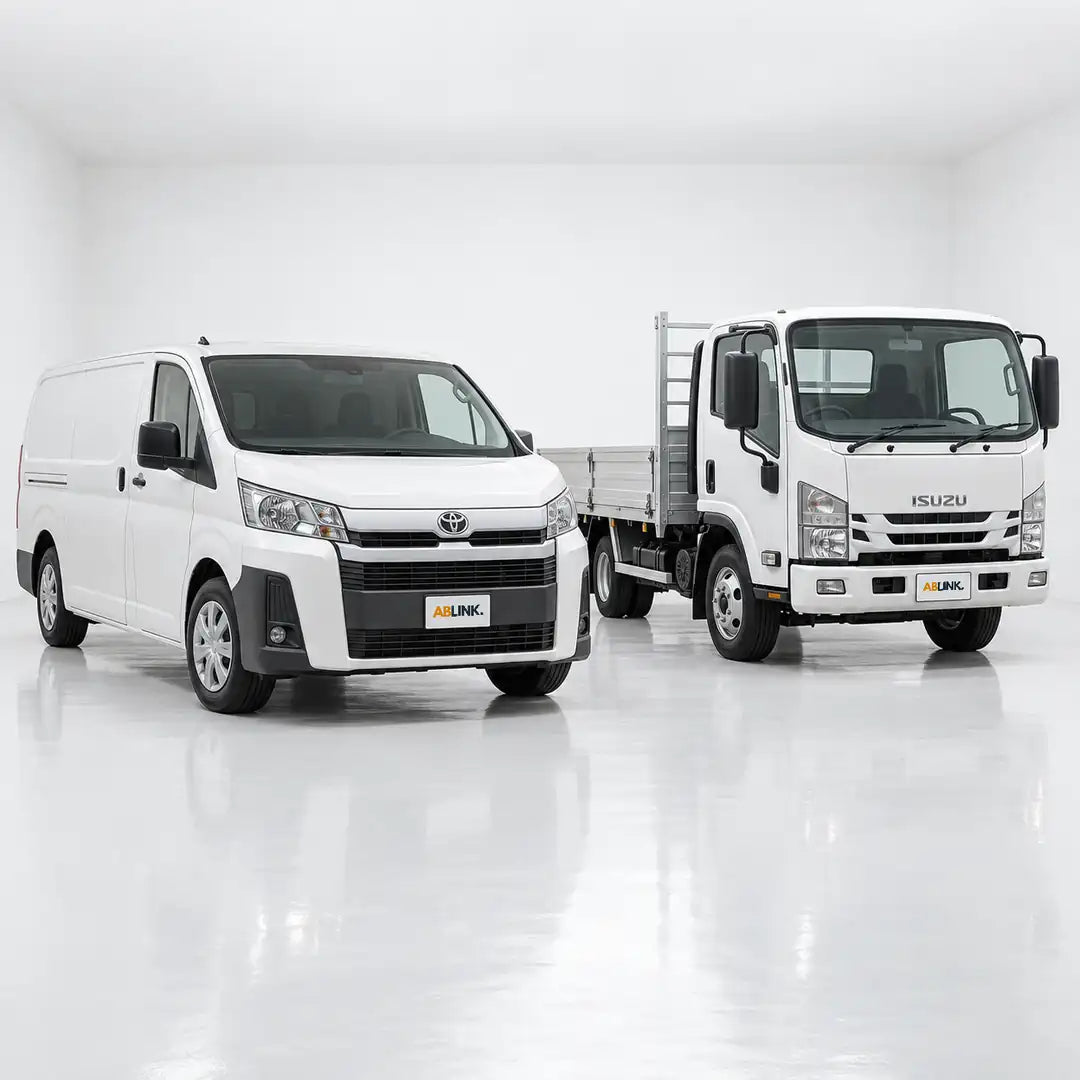 White Toyota HiAce van and Isuzu 14ft lorry for the van road tax Singapore guide